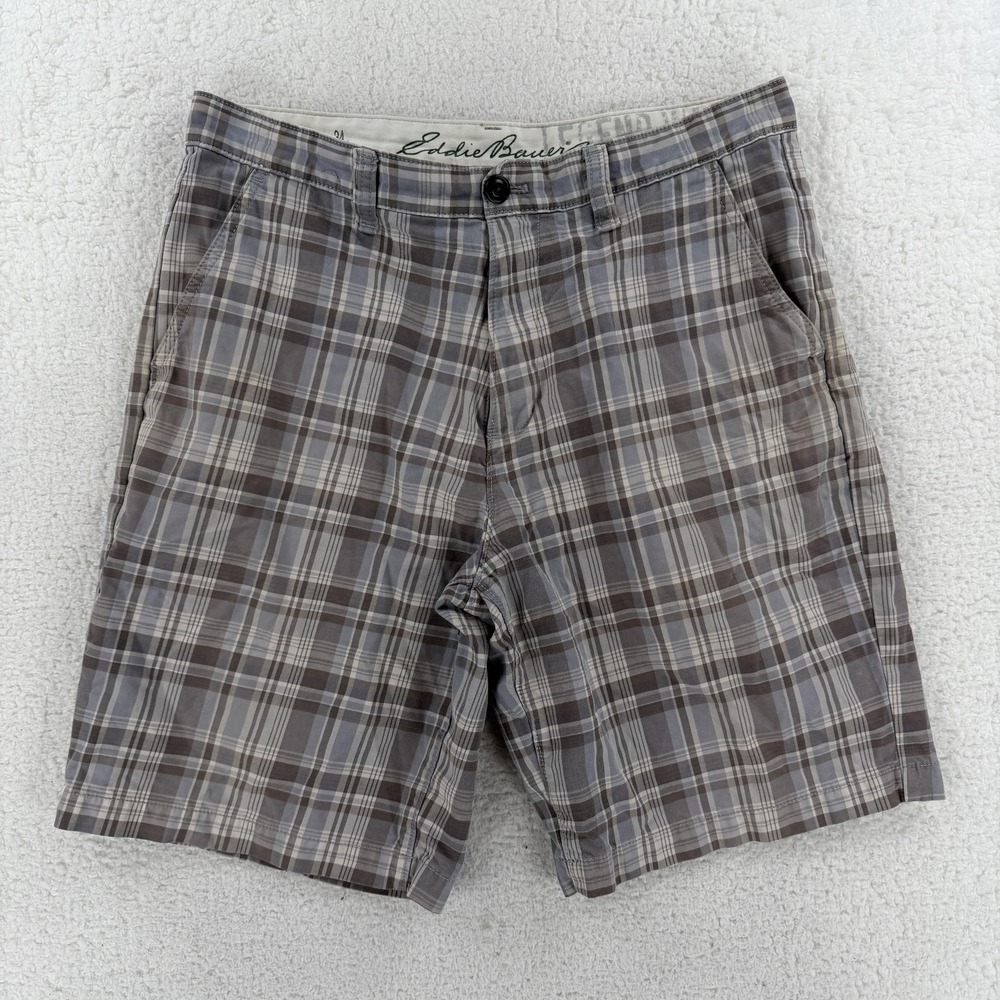 Eddie Bauer Shorts Mens 34 Gray Plaid Chino‎ Flat Front 10 Inseam Casual
